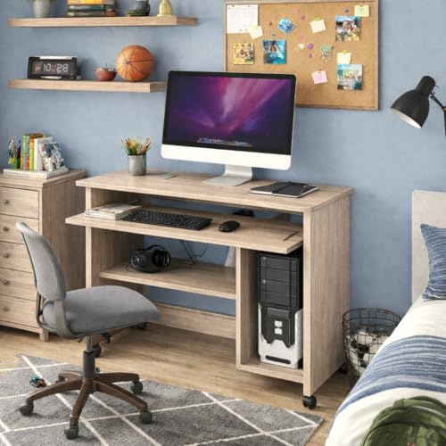 Linea Azzurra Scrivania Pc da Ufficio Scrivania Computer con Rotelle e Doppio Ripiano Interno Estraibile 76x93x48cm Mobile con Ripiani Tastiera Scorrevole Scrittoio da Studio Made in Italy