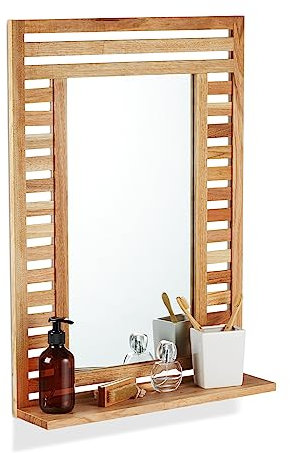 Relaxdays Specchio da Parete da Bagno, Specchiera Rettangolare con Ripiano e Cornice in Legno, 70 x 50 x 12 cm, Marrone