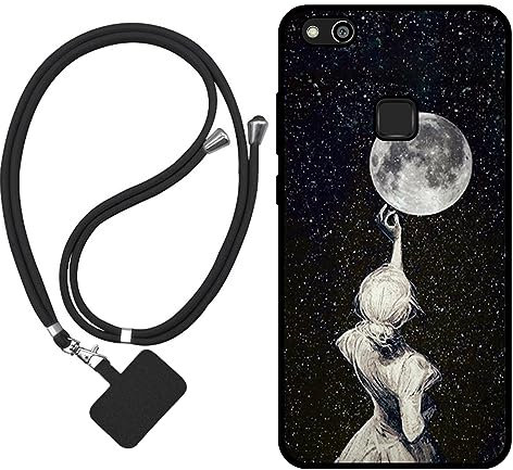 Sunrive Hülle Kompatibel mit Huawei P10 lite Case,matt Handyhülle Schutzhülle Etui Karikatur Muster TPU Backcover (Rückenschatten,Mond,Sterne) +1x Universale Handykette MEHRWEG