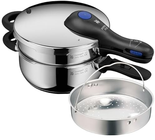 WMF Perfect Plus One Pot Schnellkochtopf Set Induktion 2-teilig, Dampfkochtopf 4,5l + 3l mit Einsatz, großes Kochsignal, 2 Kochstufen, Einhand-Kochstufenregler, Cromargan Edelstahl poliert