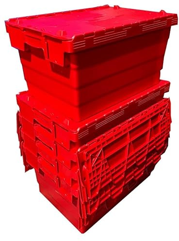 Solent Plastics 60 Litre Heavy Duty Colour Coded Attached Lid Containers - (5 x RED SPKM320)