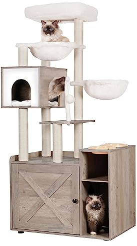 Hey-brother Árbol rascador con caja de arena, moderna torre para gatos de vivienda con gran plataforma, comedero y 2 hamacas, muebles para gatos todo en uno, madera gris rústico EMPJ115SG