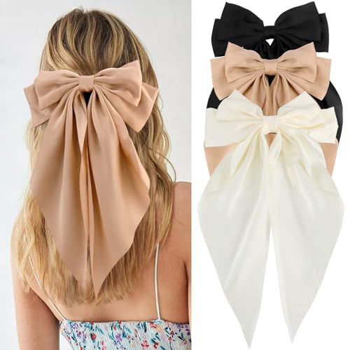 Velscrun Hair Bows for Women Girls 3Pcs White Silky Satin Large Hair Bow Black Coquette Bow Brown Big Bows Hair Clip Oversized Hair Ribbons Long Tail Hair Bow Hair Barrettes Hair Accessories Gifts