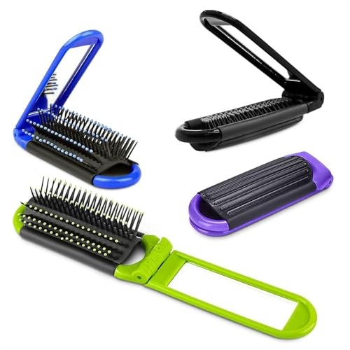 4 Pcs Folding Travel Hair Brush for Purse - 4.25 × 1.49 Small Travel Brush with Mirror and Flexible Nylon Bristles, Set of Lightweight Purse Brushes for Women - Small Hairbrush for Purse in 4 Colors