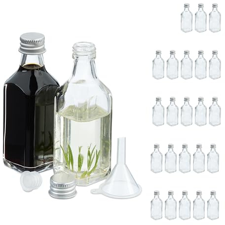 Relaxdays Small Bottles, Set of 25, 50 ml, Glass Bottles for Filling, Liqueur, Oil, Screw Cap & Cork, Transparent/Silver