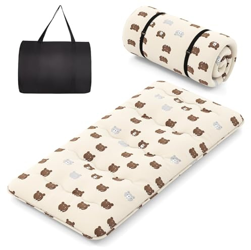 COSTWAY Matelas Futon Portable Pliable, Matelas Futon Japonais 90 x 200 cm, Housse Lavable, Matelas de Sol avec Sac de Transport, pour Le Camping, Les Voyages, d'Invités, Beige | Petit Ours