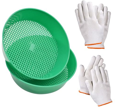 Yiyifor Setaccio da Giardino, 2 Setaccio da Giardino in Plastica,Setaccio per Terreno con 2 Paia di Guanti,Filtro per Sabbia in Verde,per Filtri,Sementi,Terra,Compost,Pietre,Sabbia