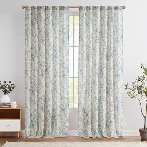 TOPICK Floral Gardinen Leinenoptik Vorhänge 2er Set H225xB140 Blau Beige | Lichtdurchlässig Gardinen Wohnzimmer boho landhausstil blickdicht Vorhänge Schlafzimmer mit Tunnel und verdeckten schlaufen