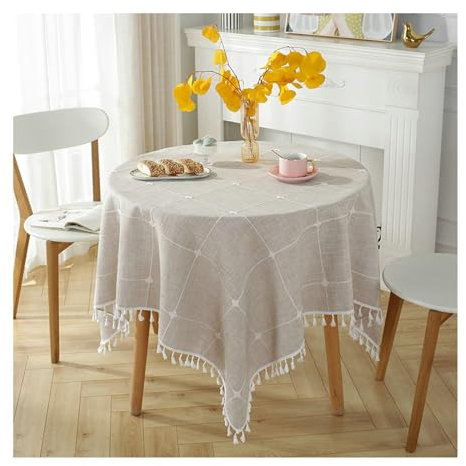 BCughia Tischdecke 160CM Braun, Tischdecke Abwaschbar Esszimmer Rund Polyester Karomuster mit Quasten Tischdecke für Küchentisch