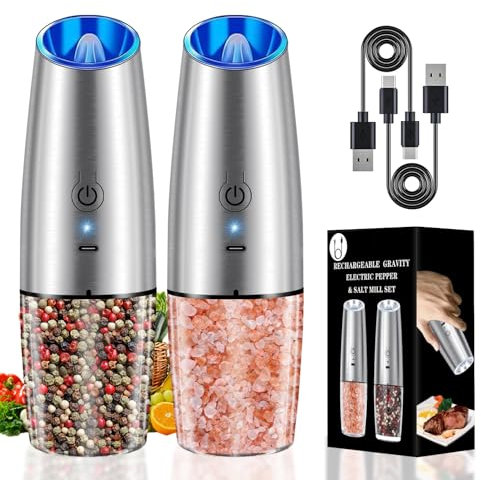 Stainless Steel Electric Pepper Grinder,Haomacro USB Rechargeable Pepper Mill Salt Grinder,Electric Salt and Pepper Grinder Set,2 Pack Black Refillable Salt and Pepper Shakers with LED Light
