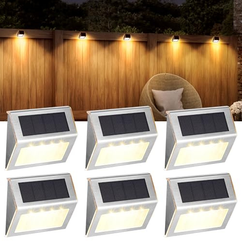 Solpex Solar Fence Lights Outdoor Garden, Waterproof Solar Step Lights, Stainless Steel Led Lighting Decoration for Stair Deck Wall Patio Porch Yard Pathway Walkway (6 Pack, Warm White)