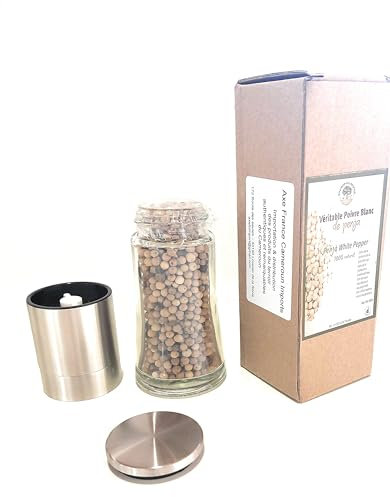 Poivre de Penja Blanc en Grain IGP proposé dans un Moulin au Design Elégant de Belle Qualité. Quantité de poivre par unité : 70ml... Un Beau Moulin pour un Poivre Prestigieux!