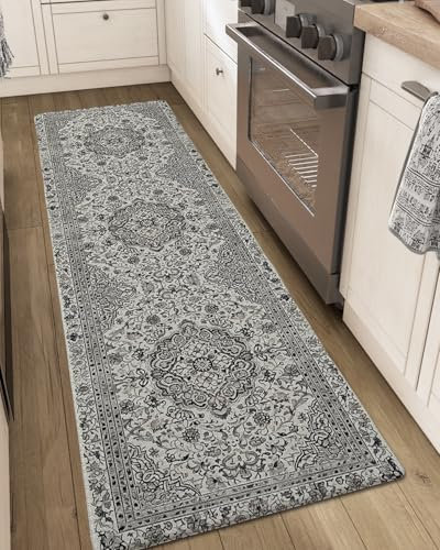 DEXI Küchenmatte, Bodenpolster, 60 x 150 cm, Anti-Ermüdungs-Läufer, Küchenteppich, rutschfest, wasserdicht, groß, lang, Komfort, Stehen, gepolsterte Bodenmatten, Blumengrau