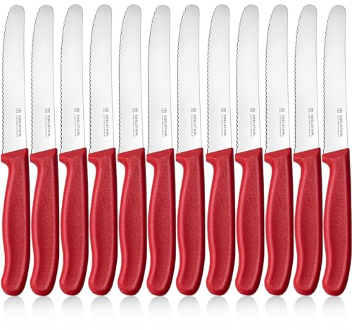 targzier Frühstücksmesser 12 Stück,Wellenschliff,Rot Tomatenmesser | Edelstahl Klinge 11cm,Anti-Rost Brötchenmesser,PP Kunststoffgriff Tafelmesser,Besteck Gefro Messer Set Spülmaschinenfest