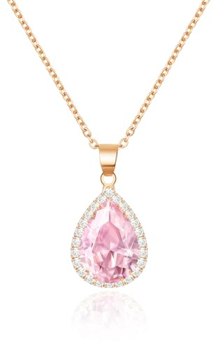 Linawe Collar rosa para mujer, collares con colgante rosa, piedra natal de diamante, cadena de cristal, cadena con dijes, collar de oro rosa para mujer, conjuntos de joyas, joyería de moda