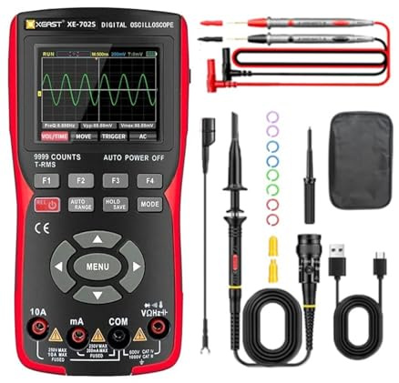 XEAST DIY Oscilloscope Kit 2-in-1 Digital Multimeter with Handheld Automotive Oscilloscope 10MHZ IPS Display TRMS 9999 Counts Rechargeable Scope Meter with Memory for Electronics Workshop (XE-702S)