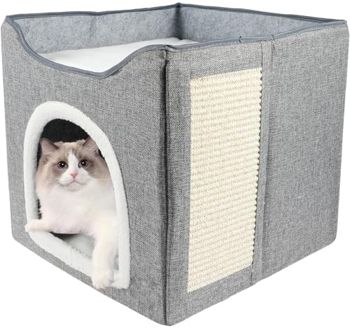 2 in 1 Faltbares Katzenhaus 43x43x36cm Würfel Katzenhöhle mit Kratzbrett und 2 Abnehmbaren Kissen Weich und Warm Katzenhaus Indoor für kleine und Mittlere