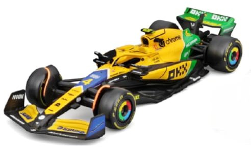 Bburago Formel 1 McLaren Team MCL38 Senna Version (Monaco GP) (2024): Modellauto im Maßstab 1:43, Sondermodell, von Fahrer #4 Lando Norris, Window Box, 12,5 cm, gelb grün (18-38214N-S)