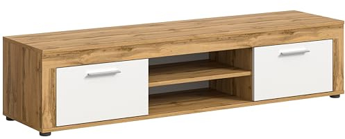 xonox.Home Wohnzimmer Jam Lowboard TV-Board Wohnzimmerboard Medienmöbel TV-Bank TV-Schrank in Front weiß Melamin, Korpus Wotan Eiche Nb., ca.160x37x40 cm