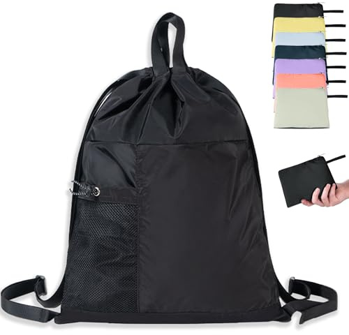 Linpr Zaino Sacca da Viaggio con Coulisse Ripiegabile, Sacca Impermeabile, Zaino Mare, Borsa Palestra Sportiva Pieghevole Leggera da 14 Litri per Donne e Uomini, con due Tasche con Cerniera (Nero)