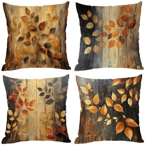 Fodere Cuscini da Esterno Impermeabili, Autunno Federe Cuscini Divano 70x70 Quadrate Set di 4, Doppia Faccia Stampa Lino Cushion Covers Arancione Bruciato Cerniera Invisibile per Room Decor Z-936