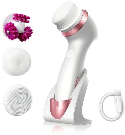 3-i-1 elektrisk ansiktsrengöringsborste, ansiktsborste och ansiktsmassageapparat (laddningsstation), 2-stegs 360° rotation, IPX7, vattentät för mjuk peeling och massage, män, kvinnor (roséguld)