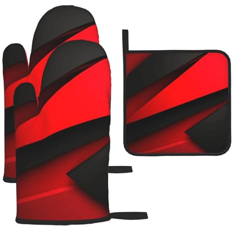Lot de 3 maniques et maniques résistants à la chaleur - Rouge et noir - Antidérapants - Pour cuisine, barbecue, pâtisserie