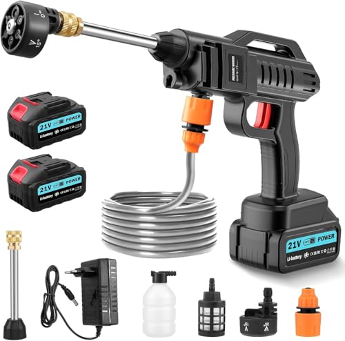 Limpiador de alta presión inalámbrico de 62 bares y cargador de 21 V portátil Jet Hawk con boquilla ajustable 6 en 1 y manguera de 5 m de largo para coches, ventanas, césped, jardines, piscinas