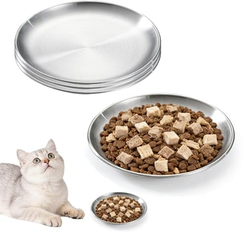 Katzennapf 4er Set, Katzennapf Flach Edelstahl, Futternapf Katze Flach Für Schnurrhaarempfindliche Katzen, Katzenteller Mit 14 cm Durchmesser, Leicht Zu Reinigen