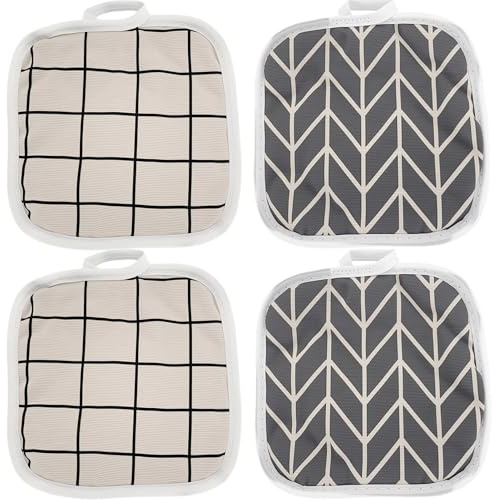 4 Stück Topflappen Baumwolle in Weiß & Grau, hitzebeständige Baumwolle, rutschfeste Topfuntersetzer, Topflappen zum Kochen Backen Küchenzubehör, 17x17 cm