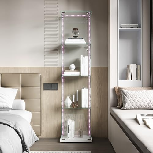 SUNFECILI Glasvitrine mit 4 Einlegeböden, Standvitrine mit Schloss und Lichtleiste, Sammlervitrine Vitrinenschrank mit 1 Türen, Vitrine Transparent Möbel Vitrine (Weiß, LED + Einzeltür)