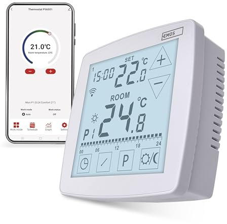 EMOS GoSmart - Smart Home Raumthermostat mit App - WiFi - Open Therm Thermostat mit Fühler für Bodenheizung - Touch-Bedienung - energiesparend - Tuya, Smart Life, Google Assistant und Alexa kompatibel