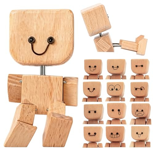 WiDream Charmante Petite Figurine en B-ois, Décoration de Voiture pour Tableau de Bord en Bois Pieds Tremblants, Figurine en Bois Oscillants avec 12 Expressions Magnétiques, Cadeau Créatif