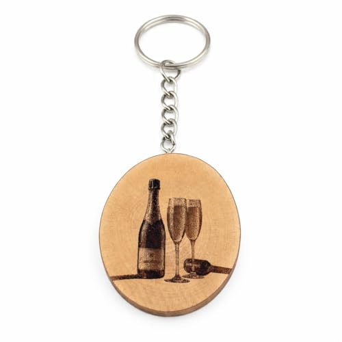 Promotech Porte-clés en bois avec bouteilles de champagne - Porte-clés gravé au laser - Idée cadeau pour mariages, anniversaires et occasions spéciales