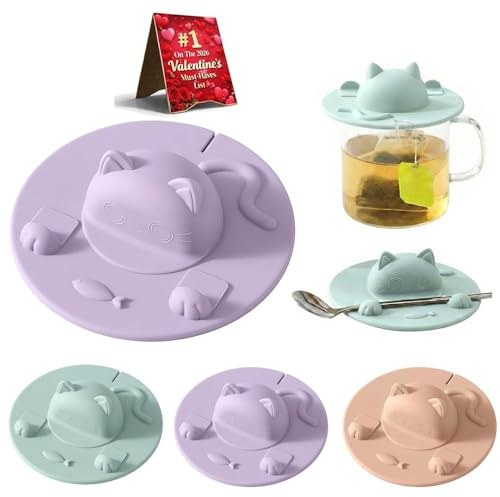 4PCS Tea Bag Mug Topper Silicone, Cat-Designed Cup Silicone Cup Covers, 4 Inch Silicone Tea Bag Holder & Squeezer with Tea Bag Holder Mug Lid, Dishwasher Safe, for Coffee Milk Tea (Purple,4pcs)