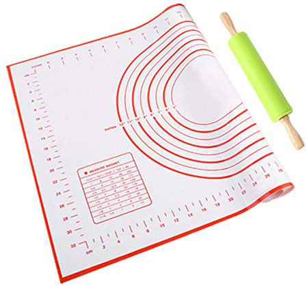 XXL extra große Silikon Teigmatte Backmatte 60× 50cm mit Nudelholz-Set/Teigroller, Ausrollmatte antihaftbeschichtet, Backunterlage Arbeitsmatte hitzebeständig BPA frei, Antirutsch, Pizza Brot Lasagne