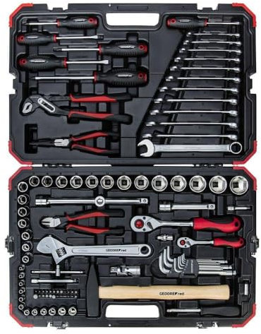 GEDORE red Steckschlüsselsatz, 100-teilig, Mit Umschaltknarre, Ratsche, Steckschlüssel und Bitsatz, Hammer, Ringmaulschlüssel und Zangen