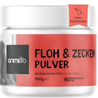 animigo Flohpulver - Zeckenschutz für Katzen & Hunde - Mit Bierhefe, Zink, Vitamin B3, B1 & B2 - Huhngeschmack - Alternative zu Tabletten & Insektenspray - Anti Milben & Zecken - Einfaches Flohmittel
