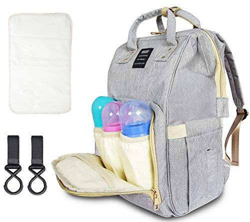 CIRA Baby Wickeltasche wasserabweisend inkl. Wickelunterlage Wickelrucksack mit verstellbaren Gurt und Kinderwagen Haken, Multifunktionale Babytasche mit vielen Fächern, Großer Stauraum (Hellgrau)