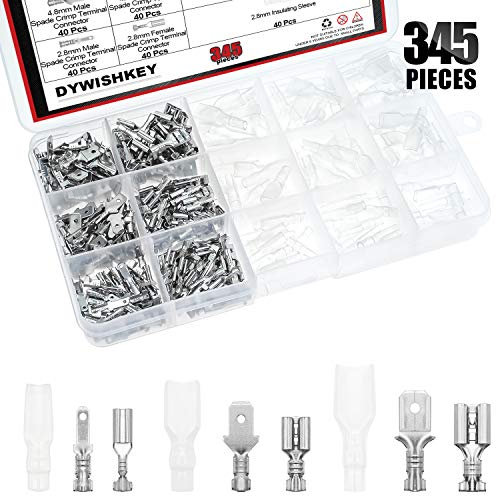 DYWISHKEY 345Pcs Quick Splice 2.8mm 4.8mm 6.3mm Male and Female Wire Spade Connector Wire Crimp Terminal Block with Insulating Sleeve Assortment Kit for Electrical Wiring Car Audio Speaker