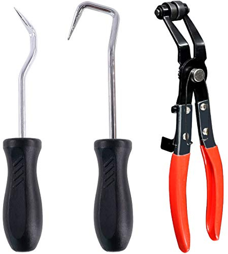 Swpeet 3 x Hose Clamp Plier Set, Including 2 x Hose Removal Hook Set with 45° Flat Band Hose Clamp Plier Angled Swivel Jaw Locking Car Water Pipe Perfect for Hose Installations of Low Radiators