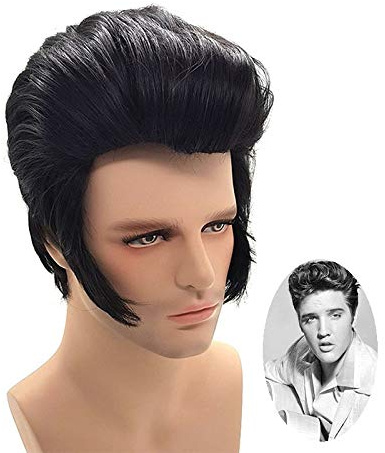 Herren Rock Sänger Elvis Aron Presley Cosplay Perücke Party Elvis Presley Schwarz Synthetische Party Haar Perücke + Perücke Cap