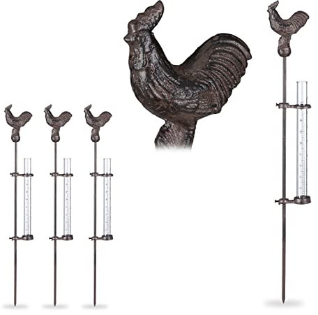 Relaxdays 4 Pluviómetros con Gallo, Estaca, Medidor Precipitaciones Decorativo, 17 cm 7 , Vidrio, Adorno Jardín, Metal, en Bronce