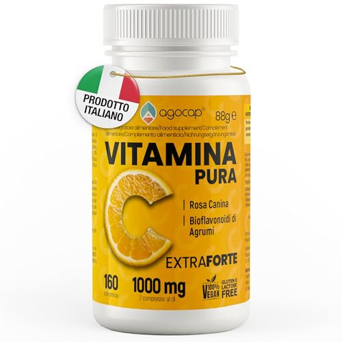 Vitamina C 1000mg, per dose giornaliera - ALTO ASSORBIMENTO. Vitamin C Pura con Rosa Canina e Bioflavonoidi da Agrumi. Vitamina C alleato per le difese immunitarie. 160 cpr da 500mg, Vegana, Agocap