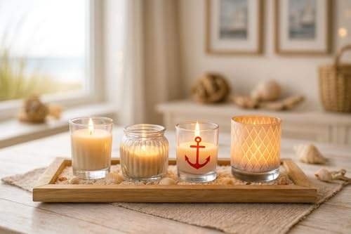 KAMACA Teelichthalter Set Windlicht-Tablett aus Holz mit 4 Glas-Kerzenhaltern inkl. Dekosteinen Maritime Tischdeko Geschenkset Tablett 37×10 cm Wohnzimmer Bazedimmer Sideboard Fenster (Ocean Style)
