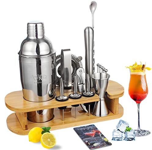 Baker Boutique Cocktail Shaker Set, 17pcs Cocktail Making Set, 750ml Cocktail Shaker with Wooden Display Stand & Cocktail Book, Cocktail Set for an Awesome Drink Mixing Experience