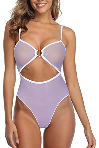 SHERRYLO Traje de baño transparente de una pieza para mujer, mono transparente, monokini sexy, tanga de malla, bañadores de peluche, micro bikini, Blanco, Small