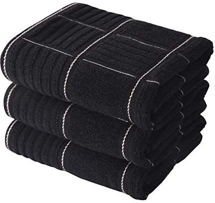 Anyi Paños de Cocina Resistentes y absorbentes con Lazo para Colgar, 100% algodón, paños de Cocina (16 x 26 Pulgadas, Juego de 3) (Negro)