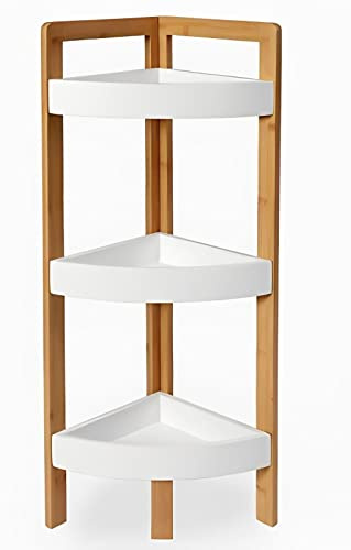 HOMION Bathroom Caddy 3 Tier Wood Corner Shelf Storage Rack, Free Standing Corner Rack Multipurpose Shelving Unit, Living Room Bathroom Kitchen Wooden