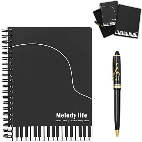 Musik piano melodi tema brevpapper presentbox set, piano musikalisk trådbunden journal skrift anteckningsbok med diskantklav design kulspetspenna för kontor skola student lärare gåva (svart piano